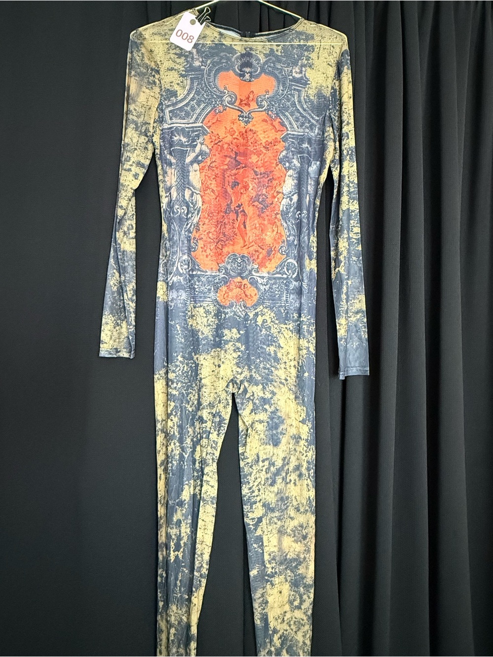 Long-Sleeve Tie-Dye Jumpsuit with Orange Medallion